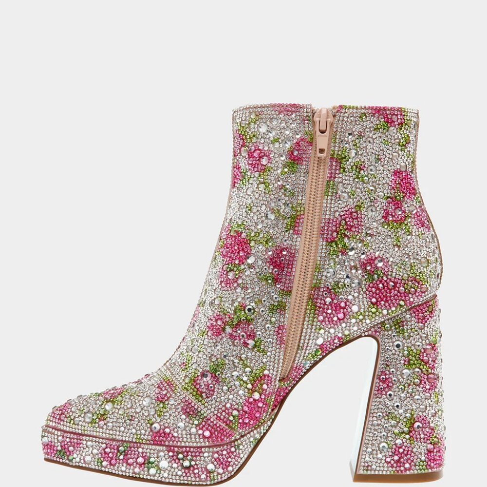 NEW BETSEY JOHNSON Delia Rhinestone Floral Booties Floral 367tn - Picture 3 of 12